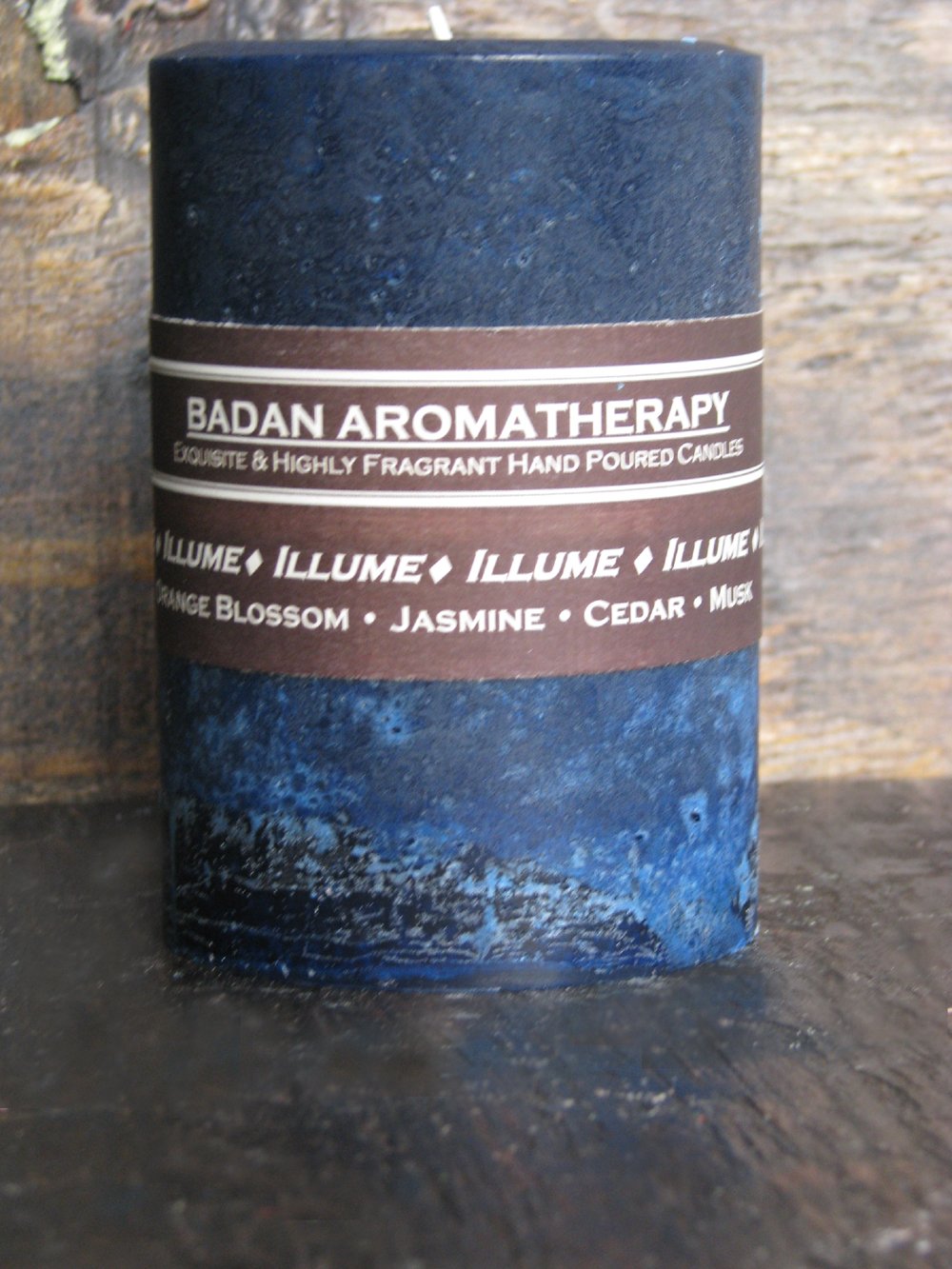 Rustic artisan pillar candle with smokey blue finish 3x4.5