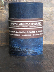 Rustic artisan pillar candle with smokey blue finish 3x4.5