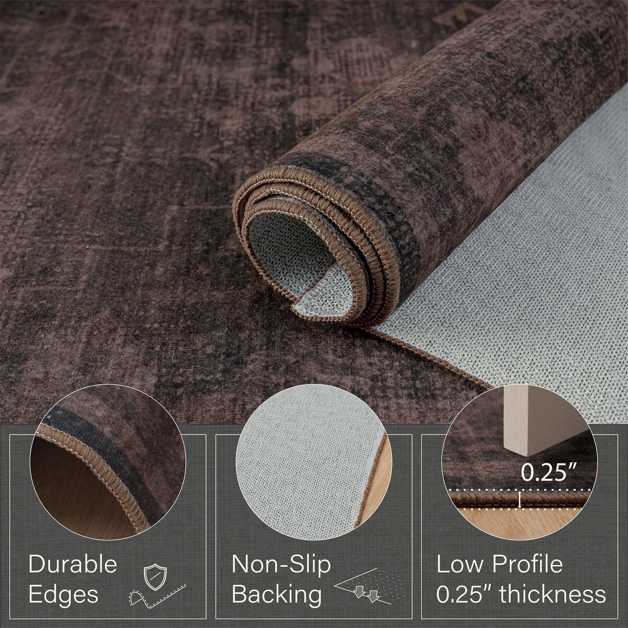 Distressed geometric rug with earthy brown taupe tones for farmhouse interiors