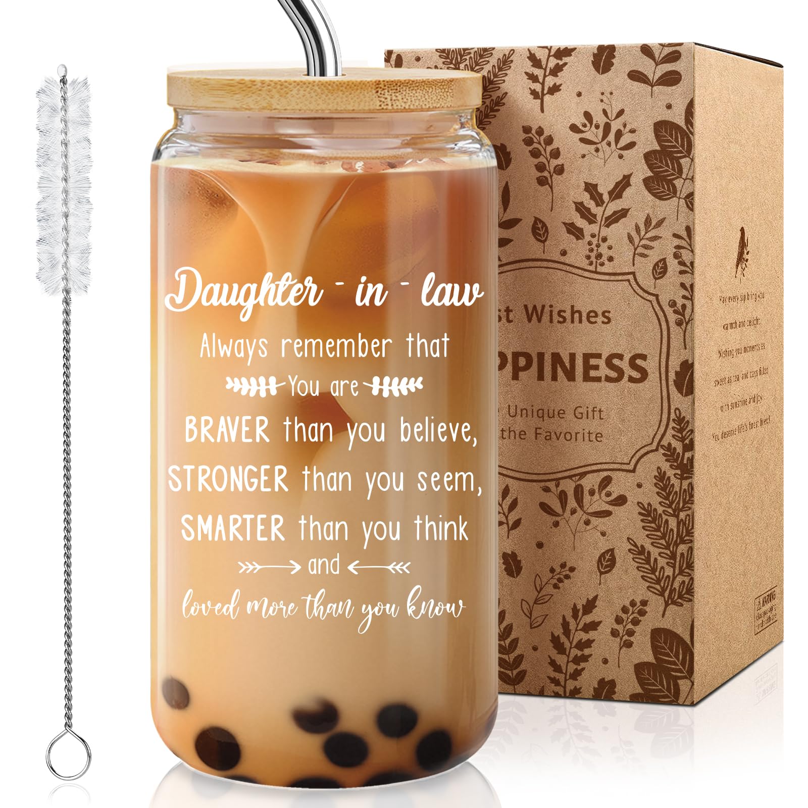 16oz glass cup with bamboo lid and stainless steel straw