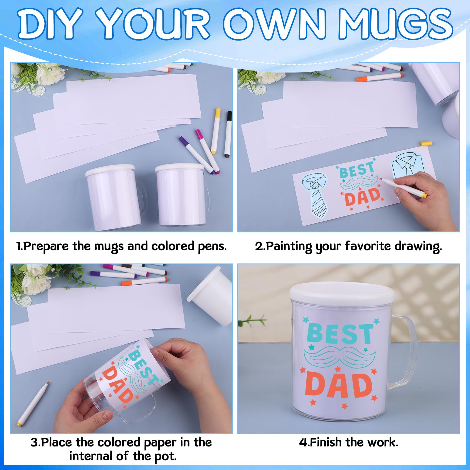 12 colored pens included for decorating the mugs