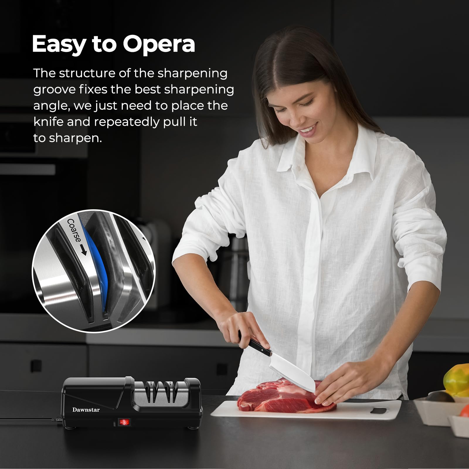 Ergonomic handle and anti-slip feet for stable sharpening