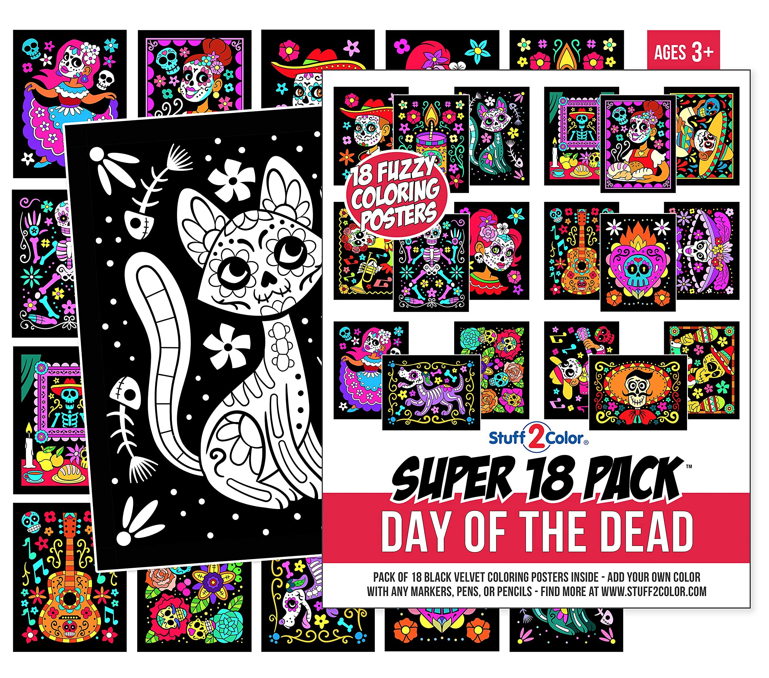 Velvet texture coloring posters designed for Halloween and Dia de los Muertos