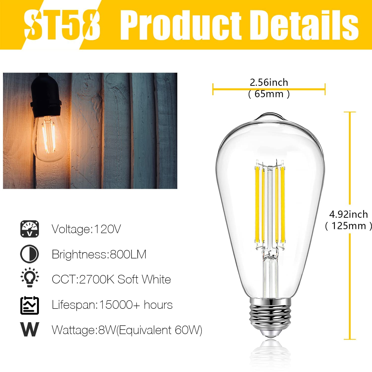 E26 base vintage LED Edison bulb DAYBETTER pack of four shows filaments