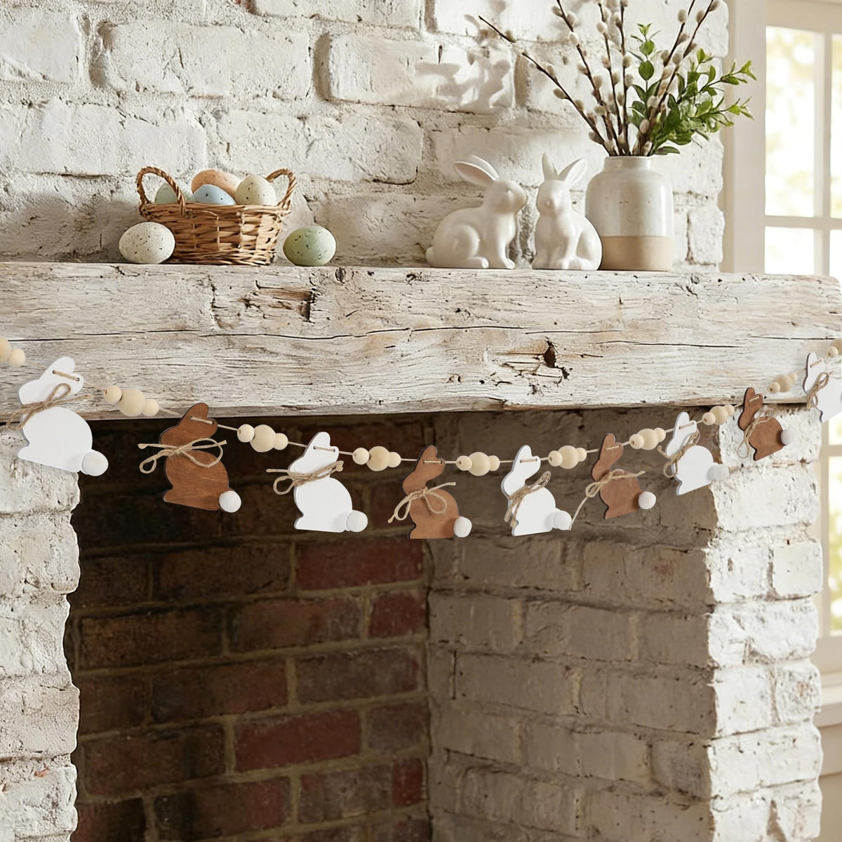 DAZONGE rustic Easter decor wood bunny bead garland close up