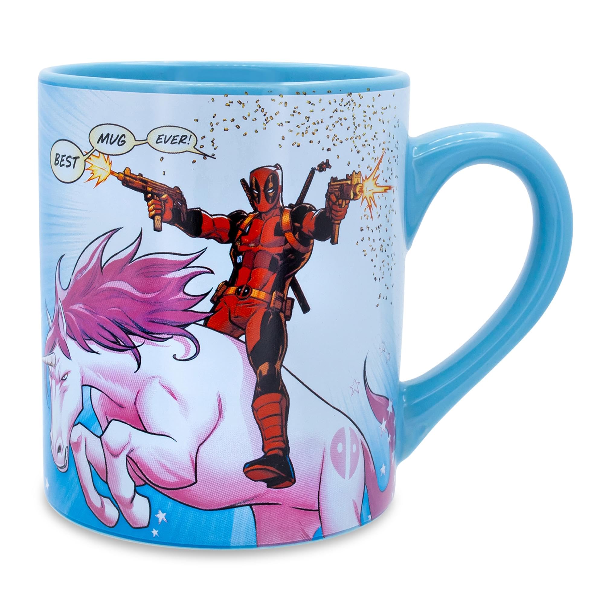 Deadpool mug with pink unicorn design on light blue ceramic