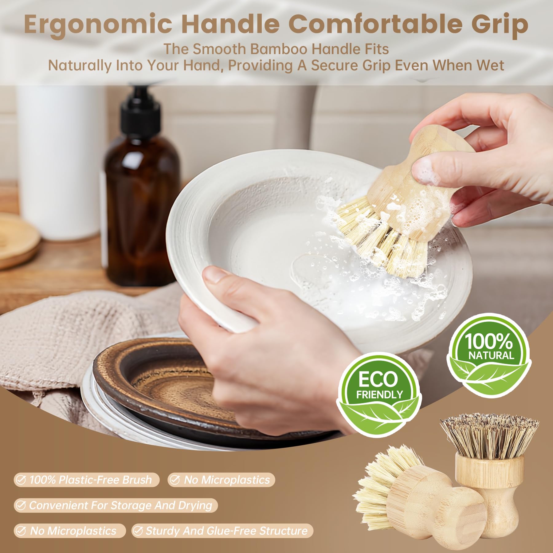 Ergonomic bamboo handle on DEBETOOL dish brush