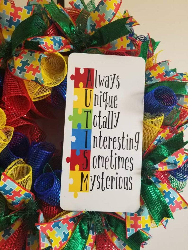 One of a kind autism awareness wreath with decorative sign