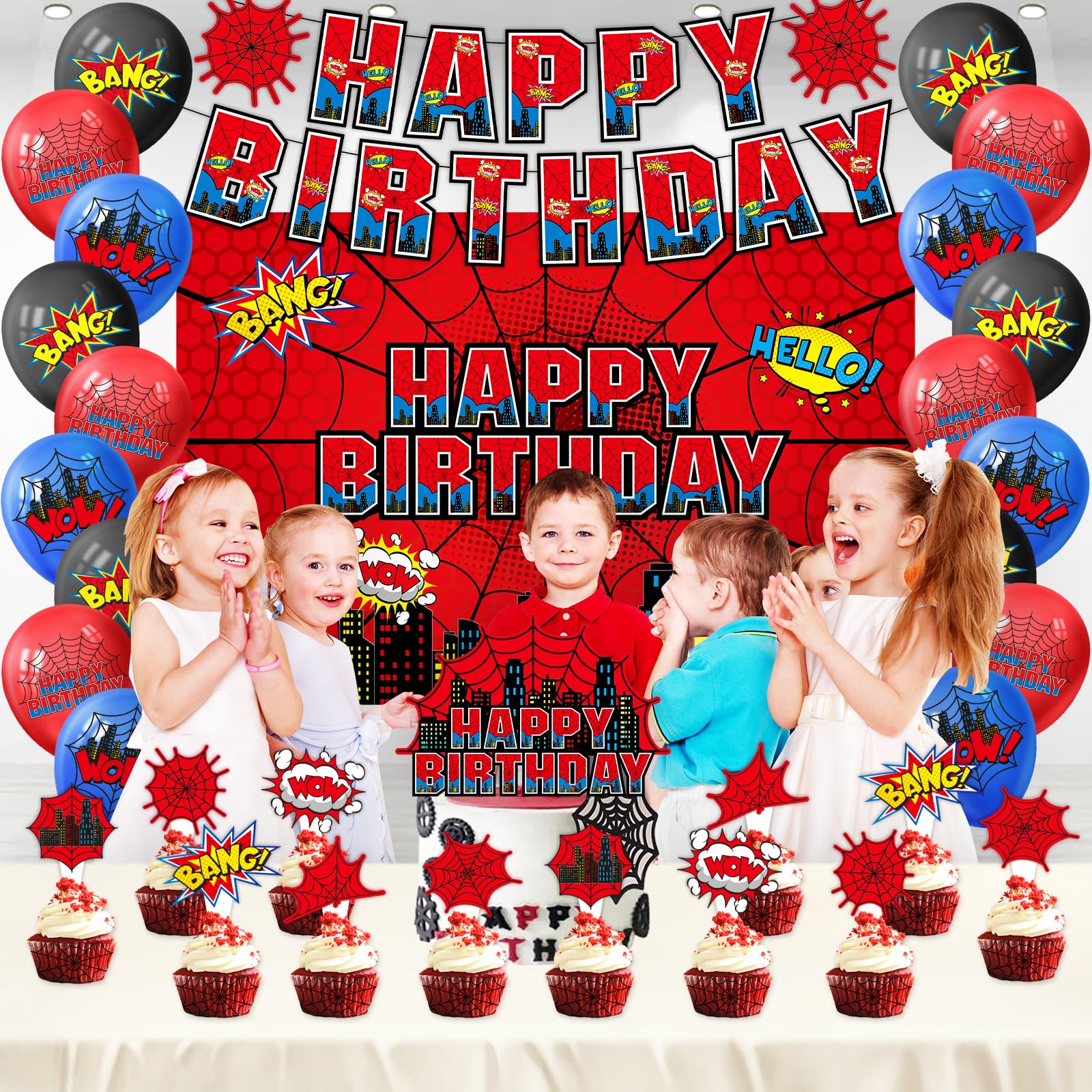 49-piece decoration kit includes backdrop banner balloons toppers