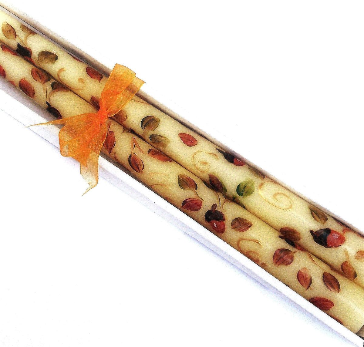 Decorative artist hand painted ivory taper candle with autumn leaves motif