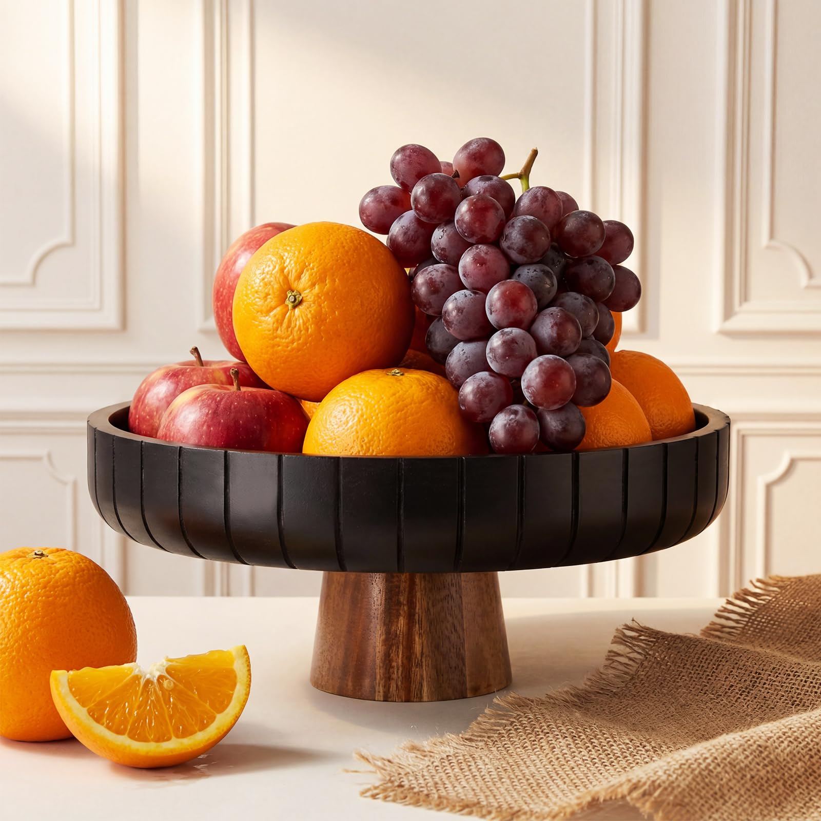 Decorative mango wood bowl as dining table centerpiece