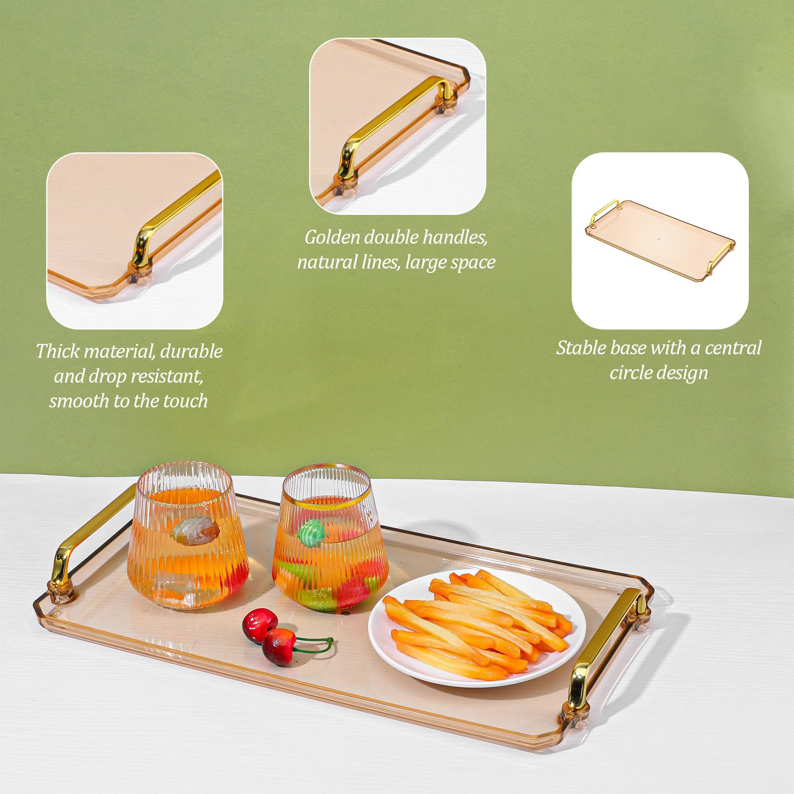 Decorative serving tray with two side handles for easy carrying