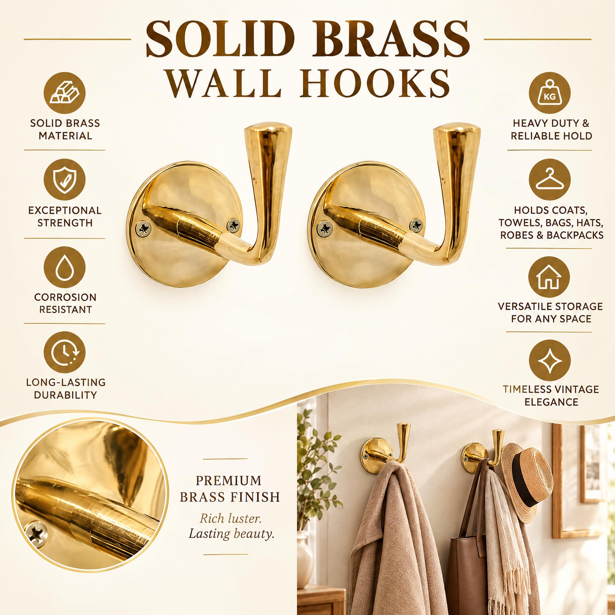 Handmade wall mounted brass hooks for towels and bags
