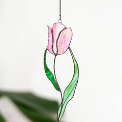 Indoor outdoor display stained glass suncatcher pink tulip