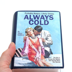 Decoupaged vintage pulp cover on book shaped container