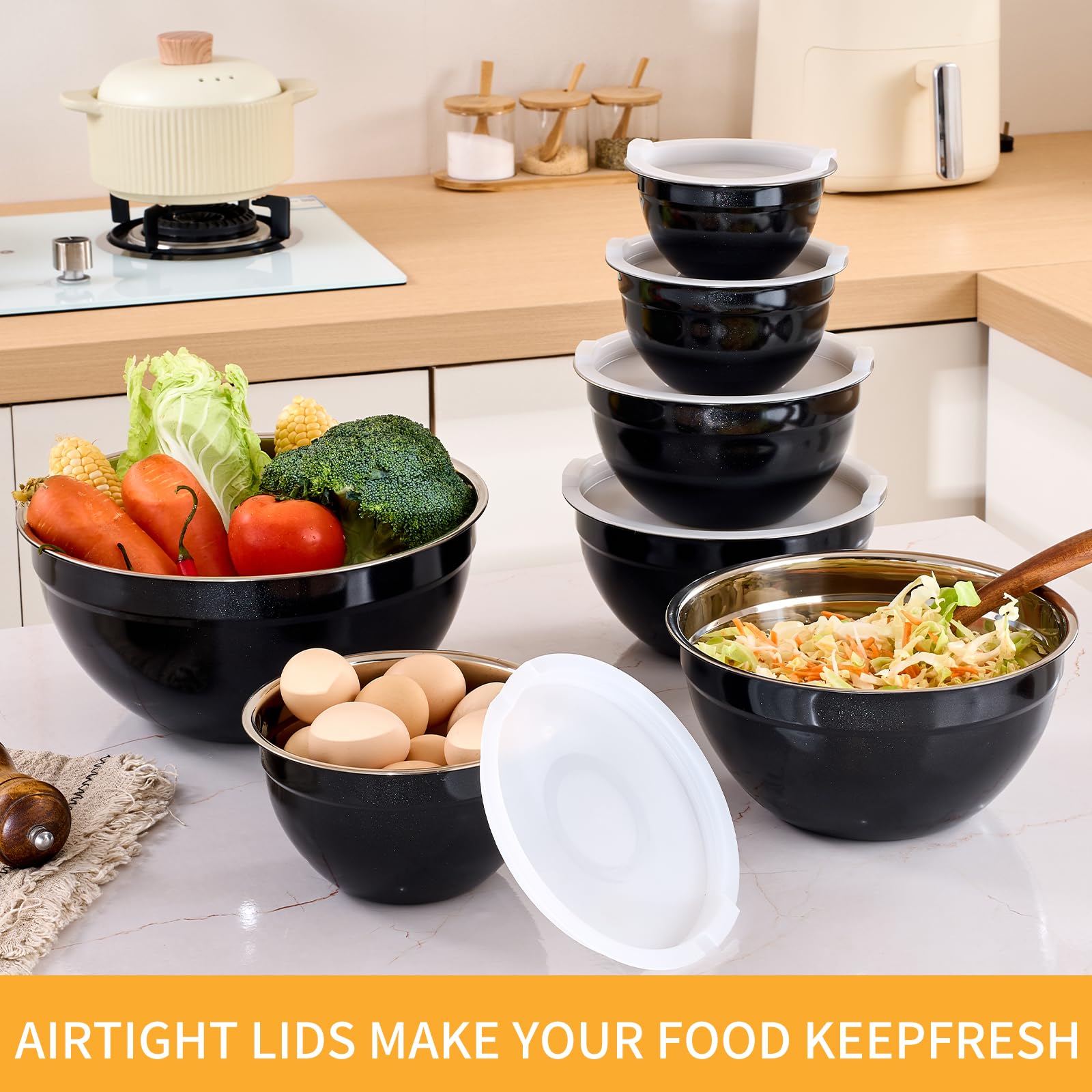 BPA-free airtight lids included with Moxinox mixing bowls