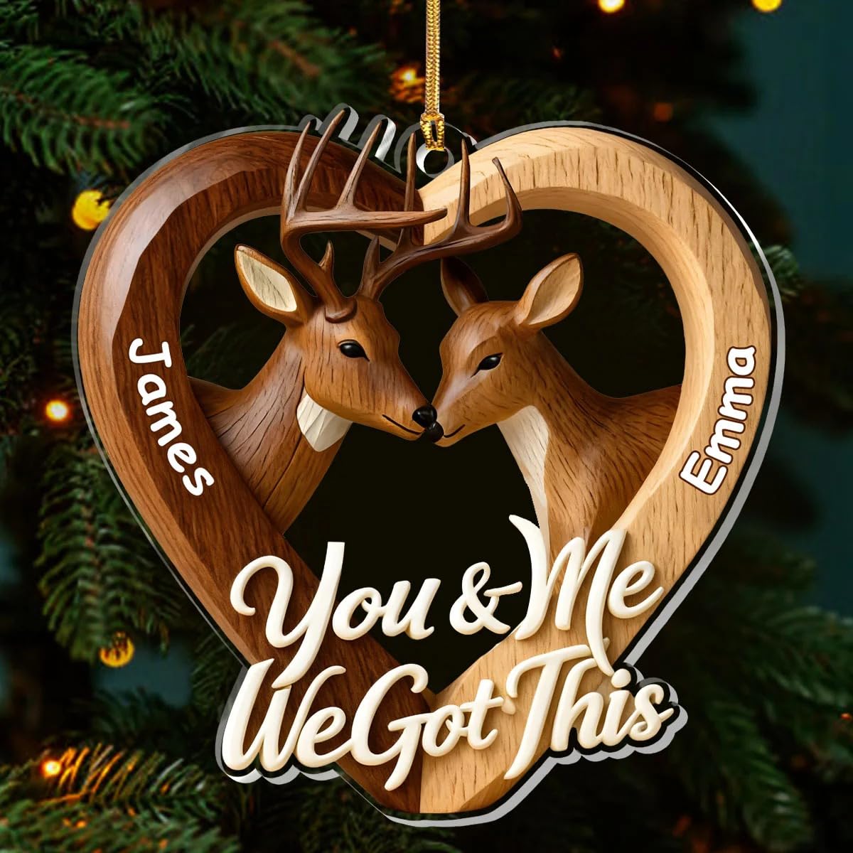 Deer couple personalized acrylic ornament close up