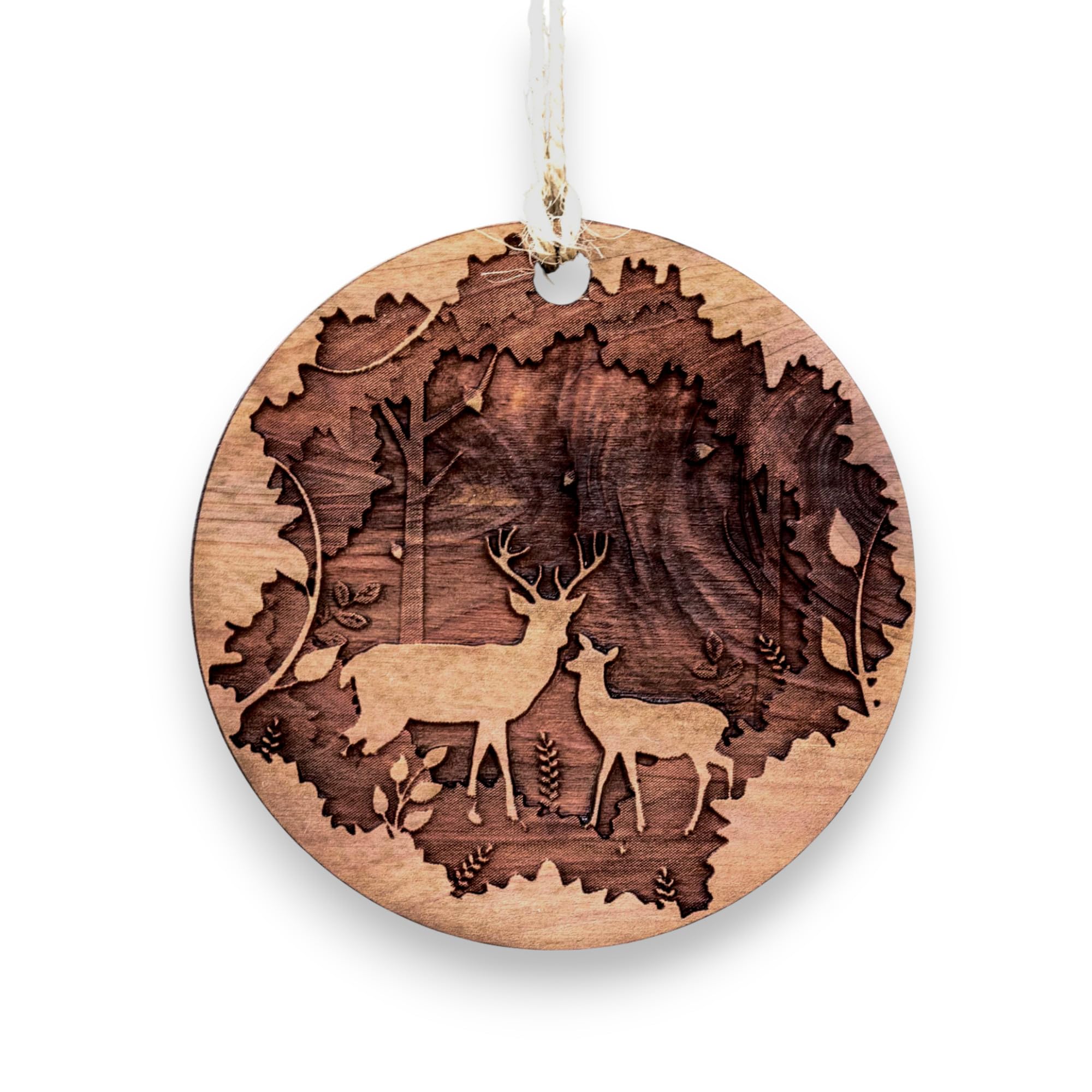 Deer Couple Raw Cedar Ornament 3x3in laser engraved in Texas