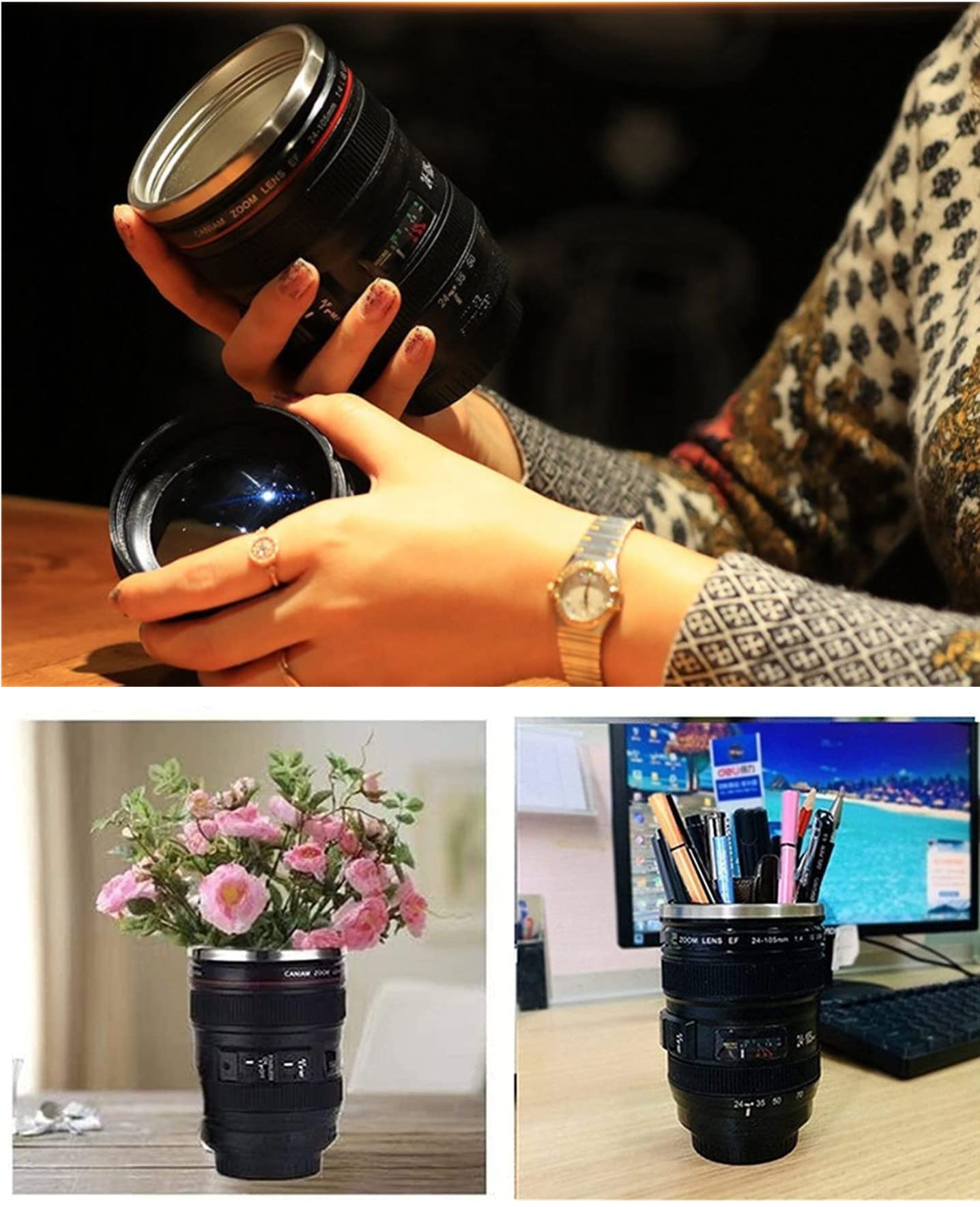 Versatile DEEXITO camera lens mug used as decor or container