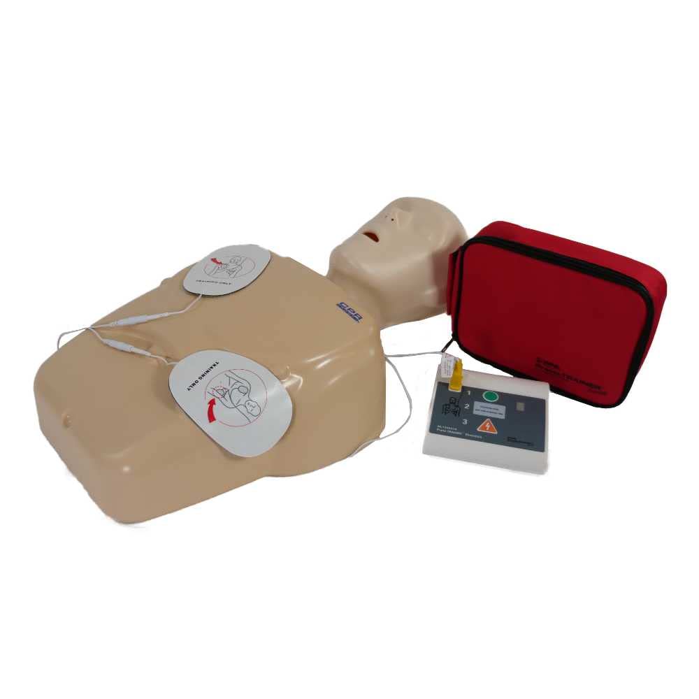AED Trainer unit showing five preprogrammed scenarios