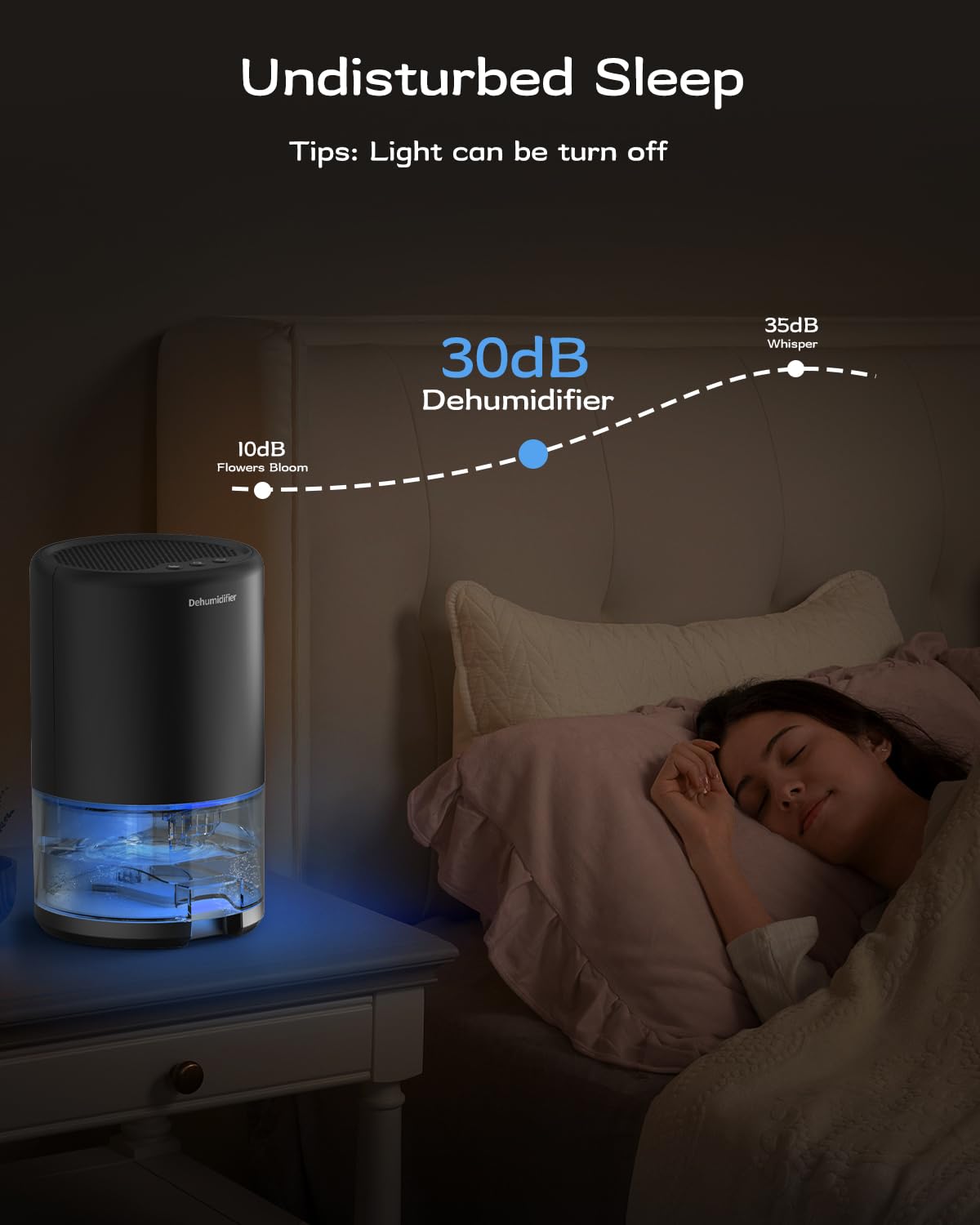 Ultra quiet dehumidifier operating at 30 dB
