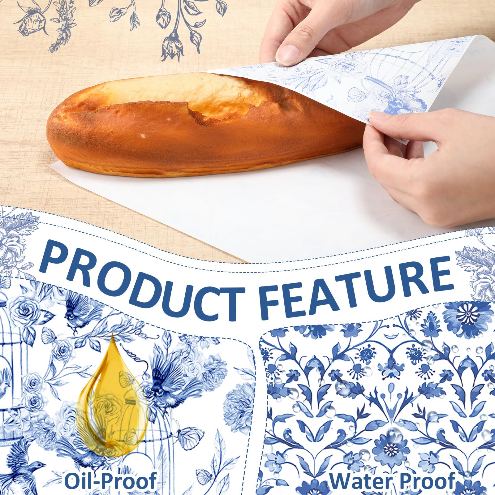 Six styles of blue floral paper set for baskets