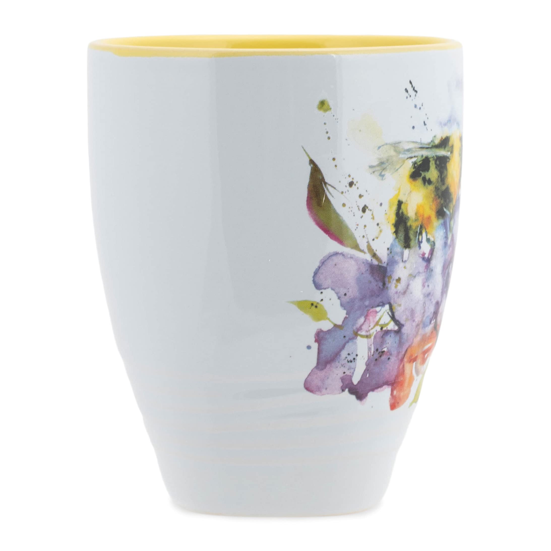 Bee landing on purple flower design ceramic stoneware mug yellow interior