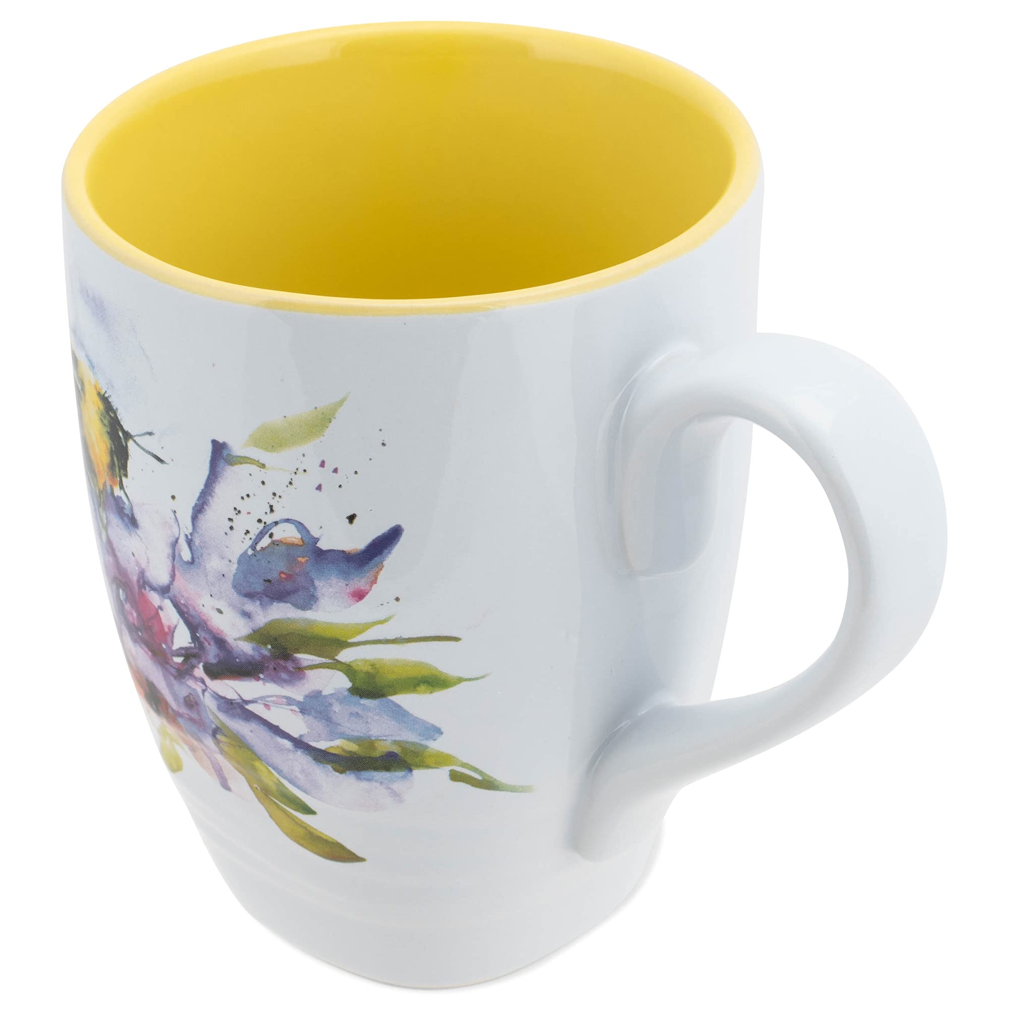 White textured mug with bee and purple flower motif