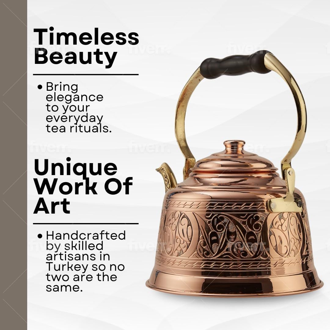 Engraved copper teapot showing rustic texture and patina