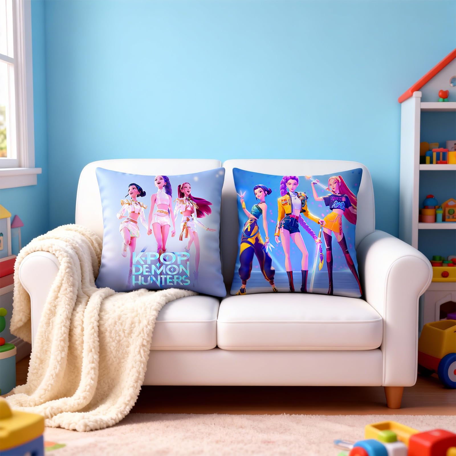 Soft colorfast polyester pillow cover with hidden zipper 18x18 Demon Hunters