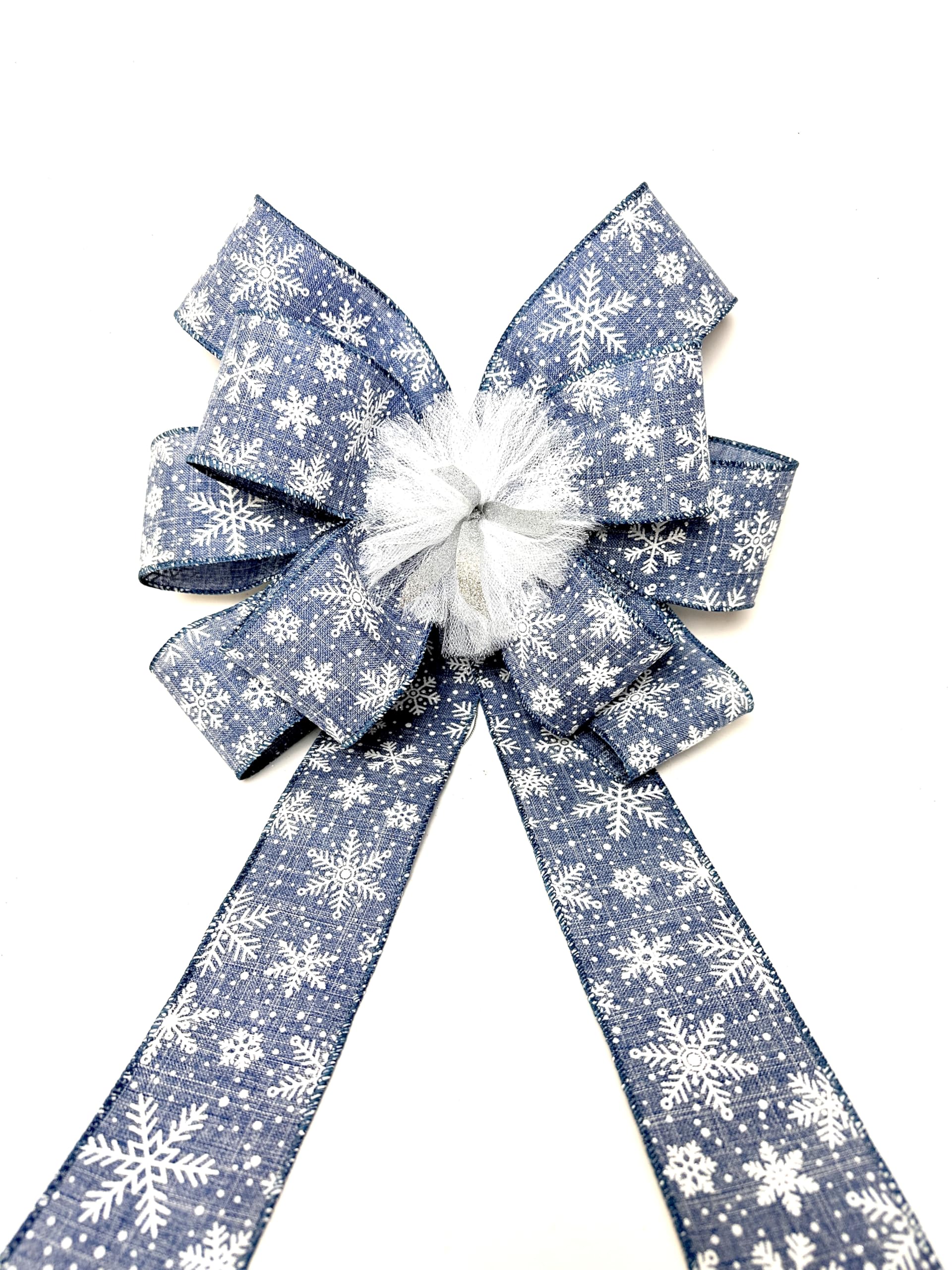 Denim Blue Snowflake Bow two tails 15 inches long for wreaths