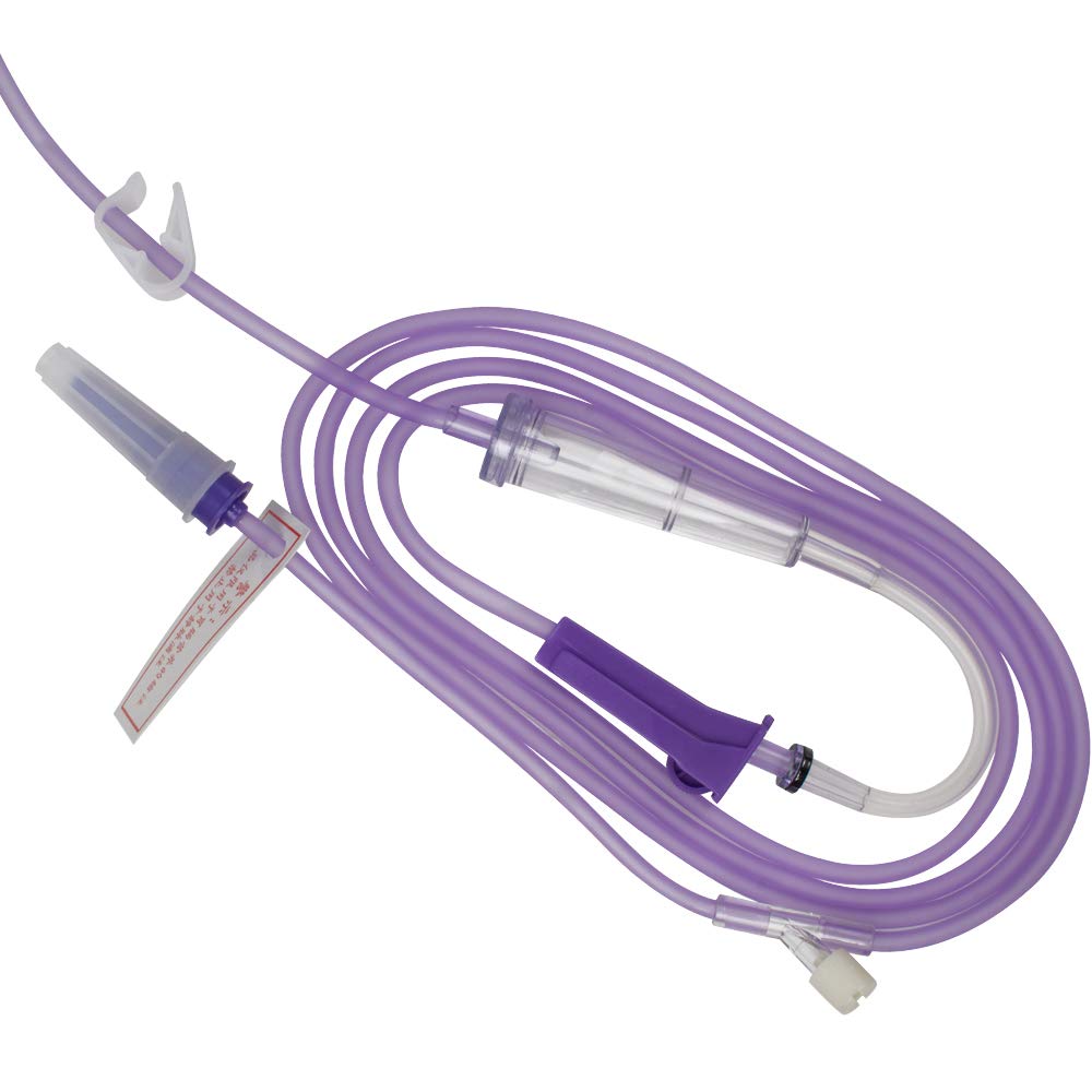 Gravity feeding bag with large bore inlet and clear tubing