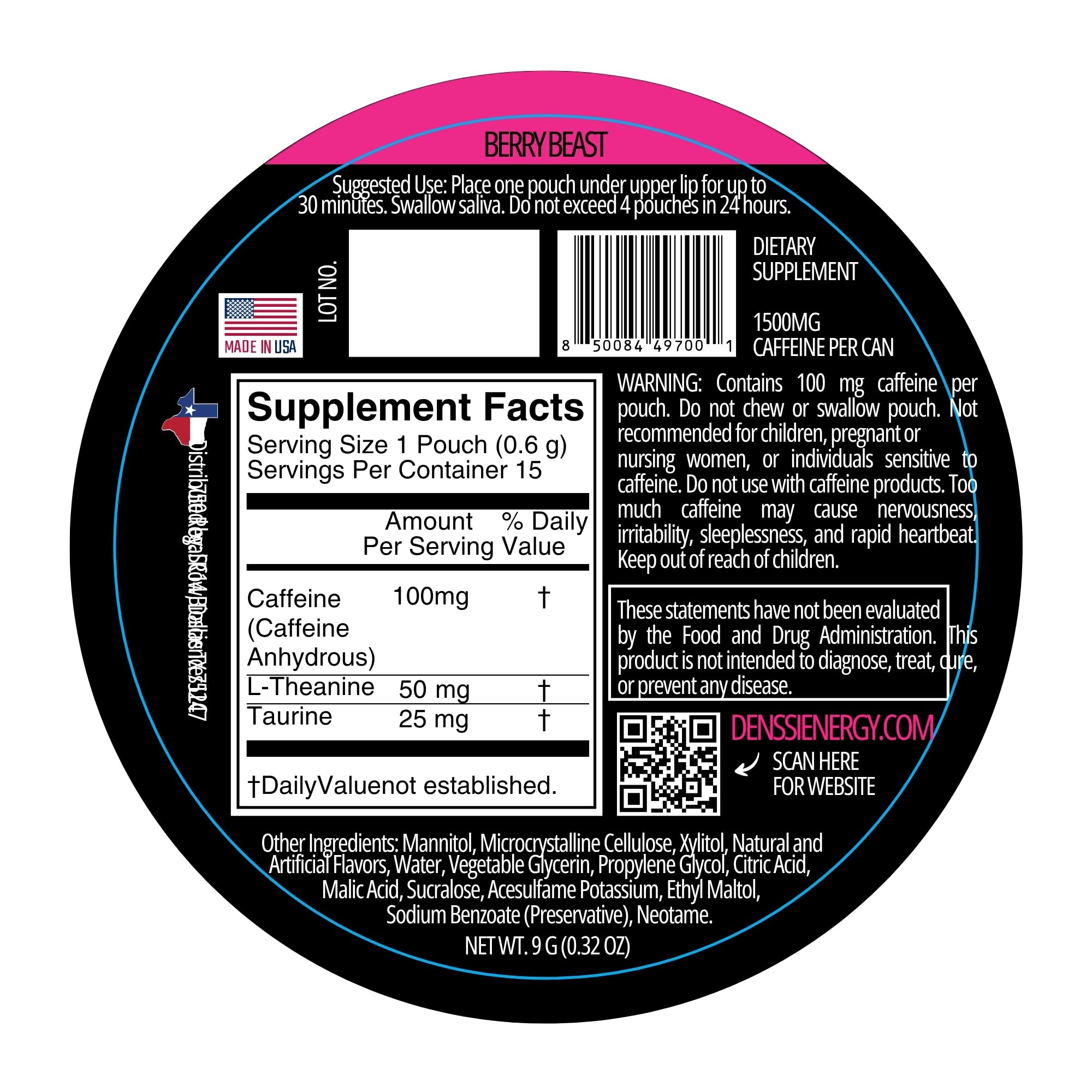 denssi energy pouches 100mg caffeine per pouch label