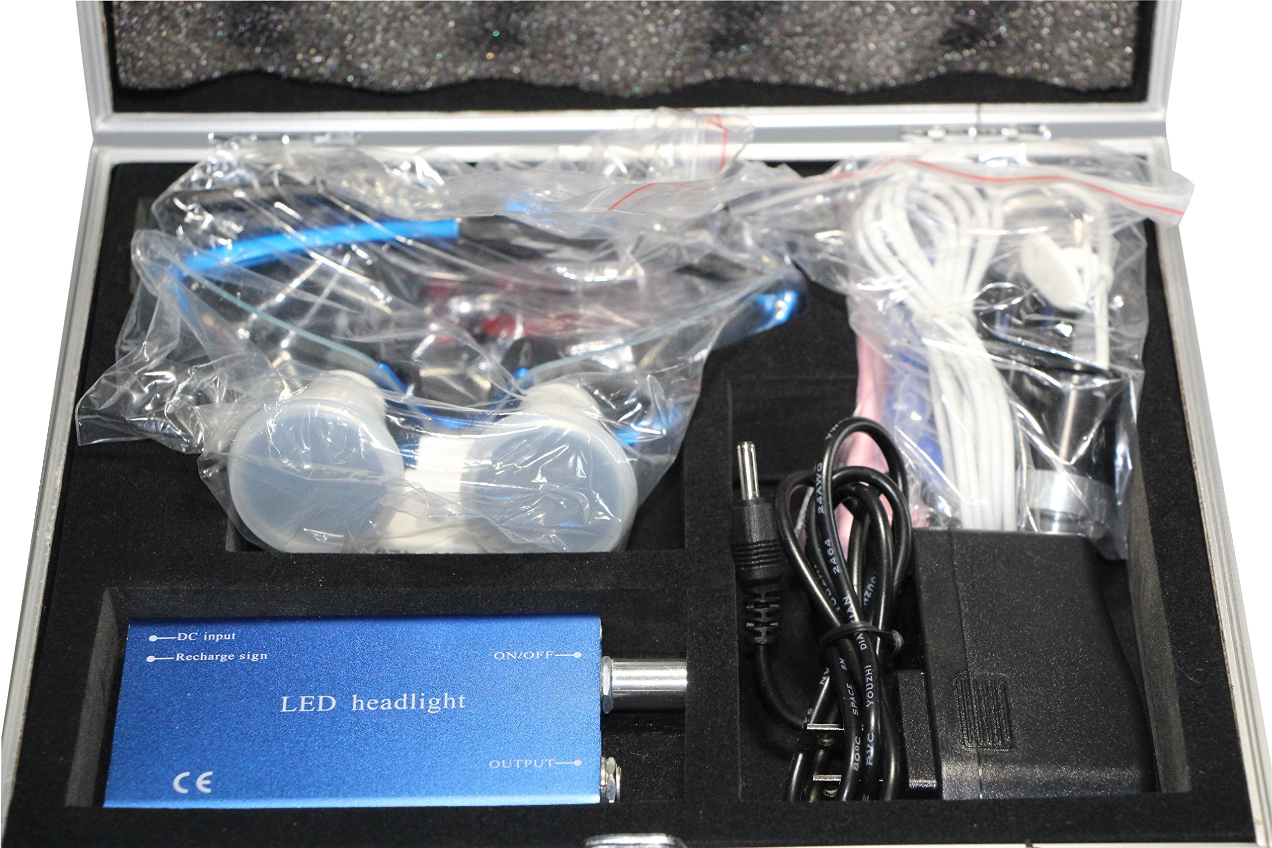 Blue aluminum box packaging for Dental Power loupes