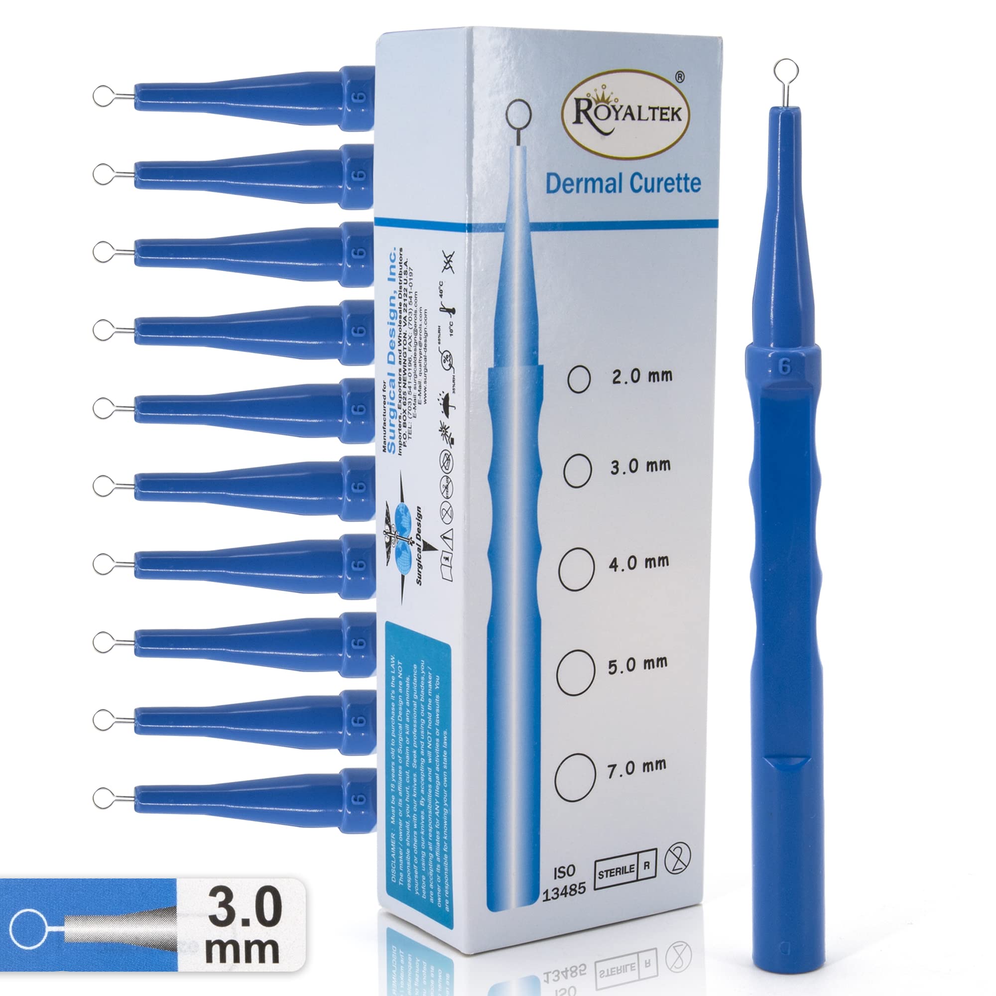 Packaging of dermal curettes showing box and components