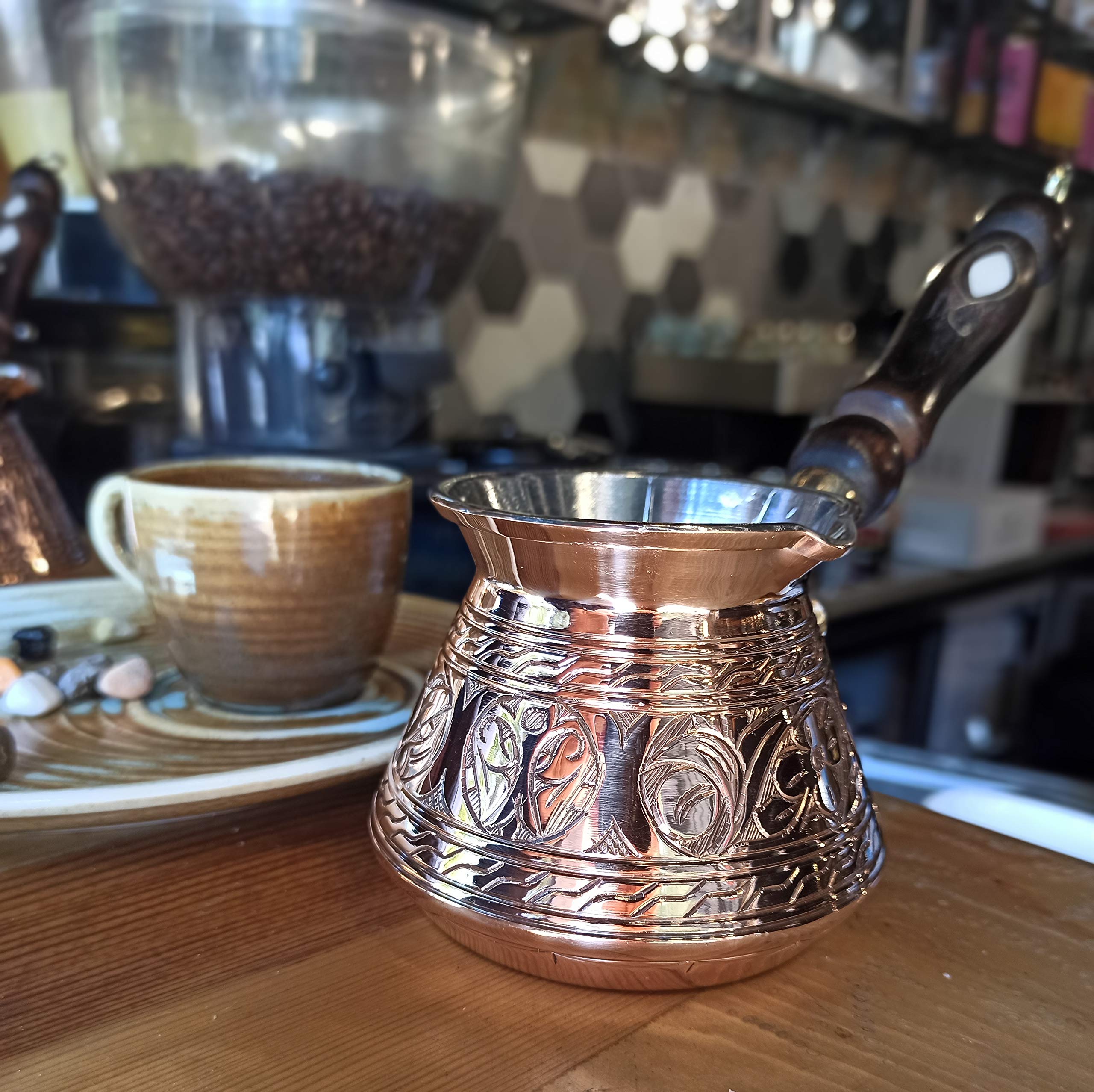 Detachable pearl embedded wooden handle on cezve