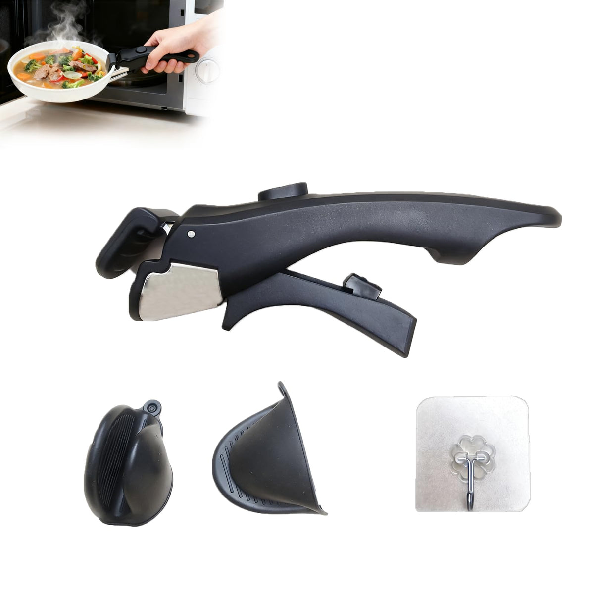 Detachable pot handle set with silicone oven mitts in black