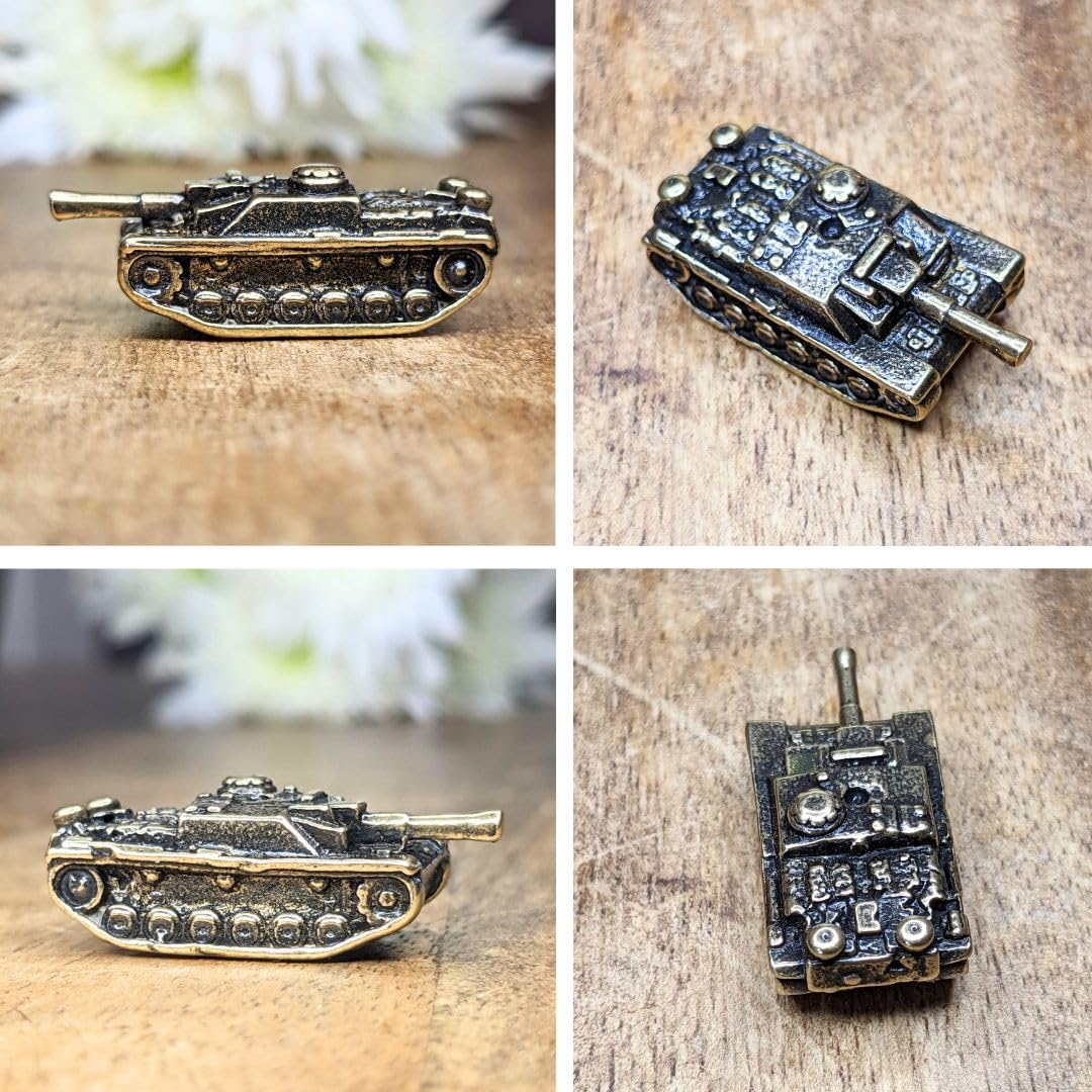 Close up of detailed brass tank figurine