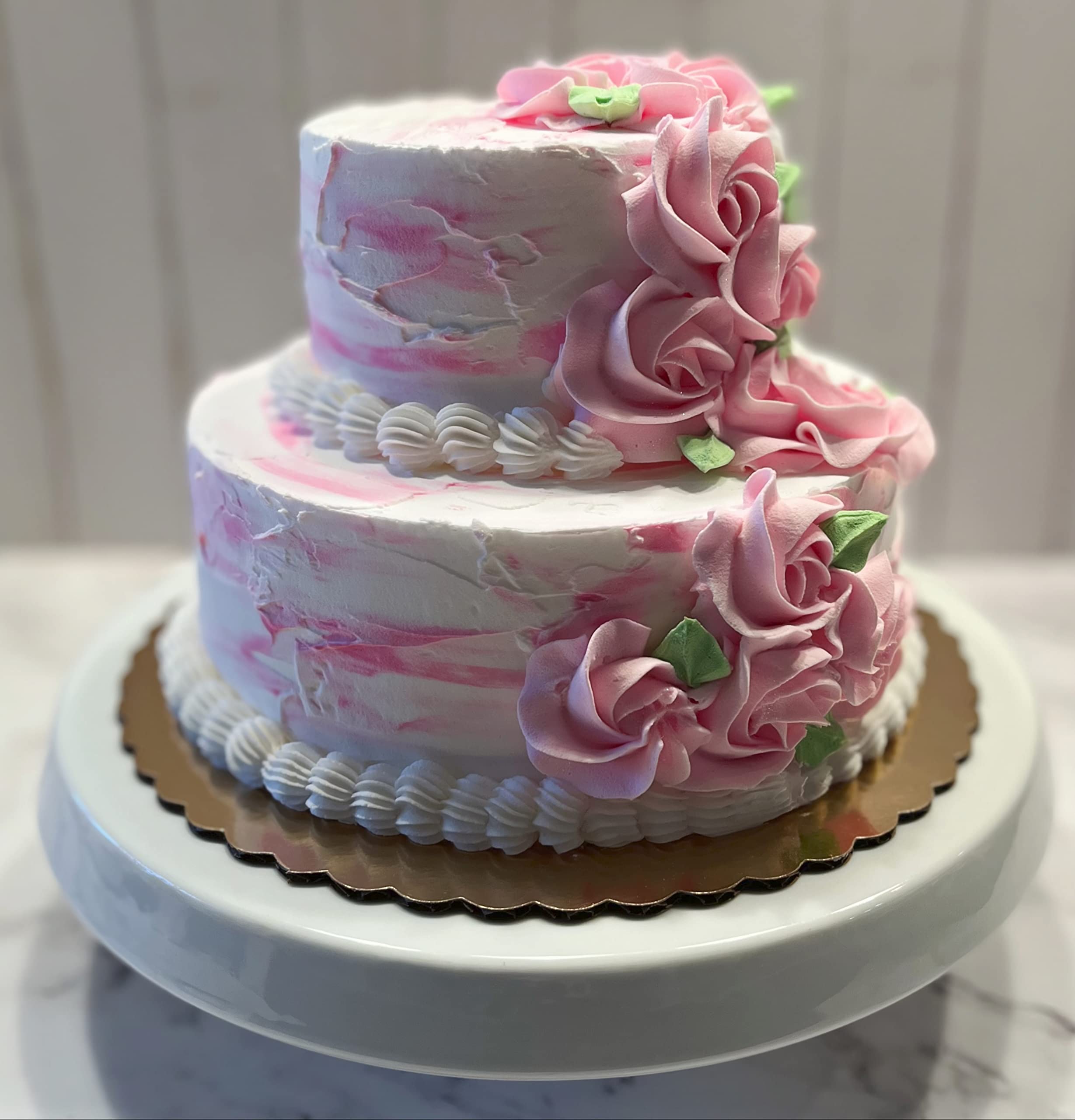 9 inch wide by 6.5 inch tall fake cake on 10 inch board