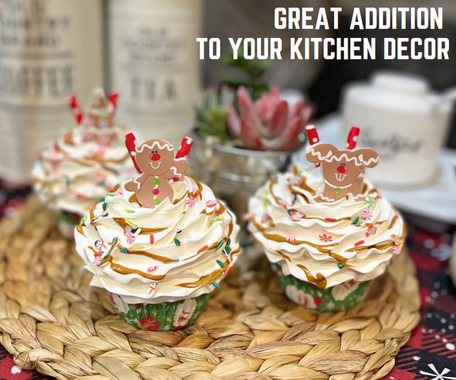 Approx 3.5 in wide by 4 in tall fake cupcakes