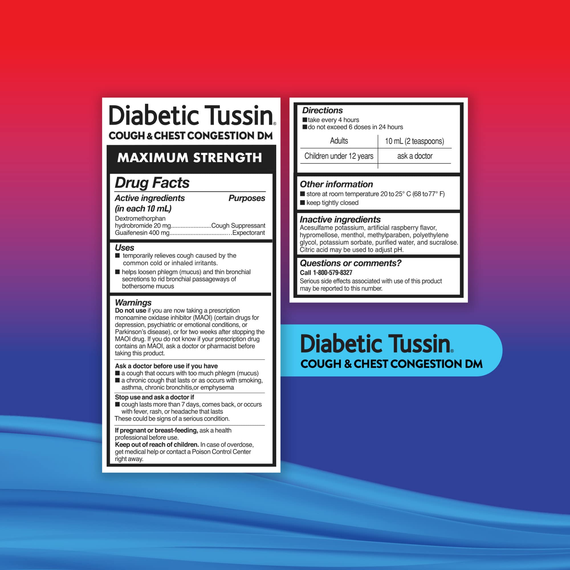 Diabetic Tussin DM product packaging with dosing information