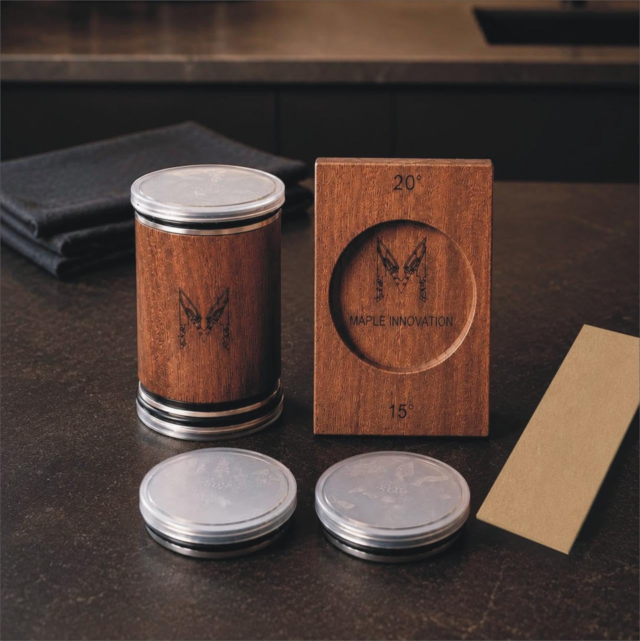 Premium Sapele wood construction with laser-engraved logo