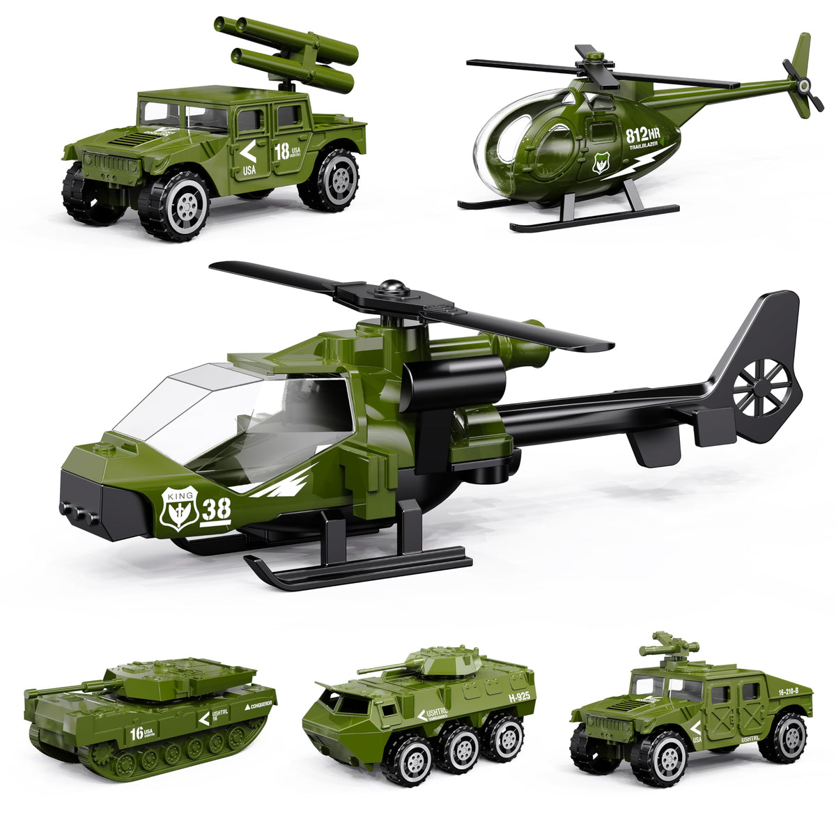 Six pack die cast military army vehicles set tank and helicopter