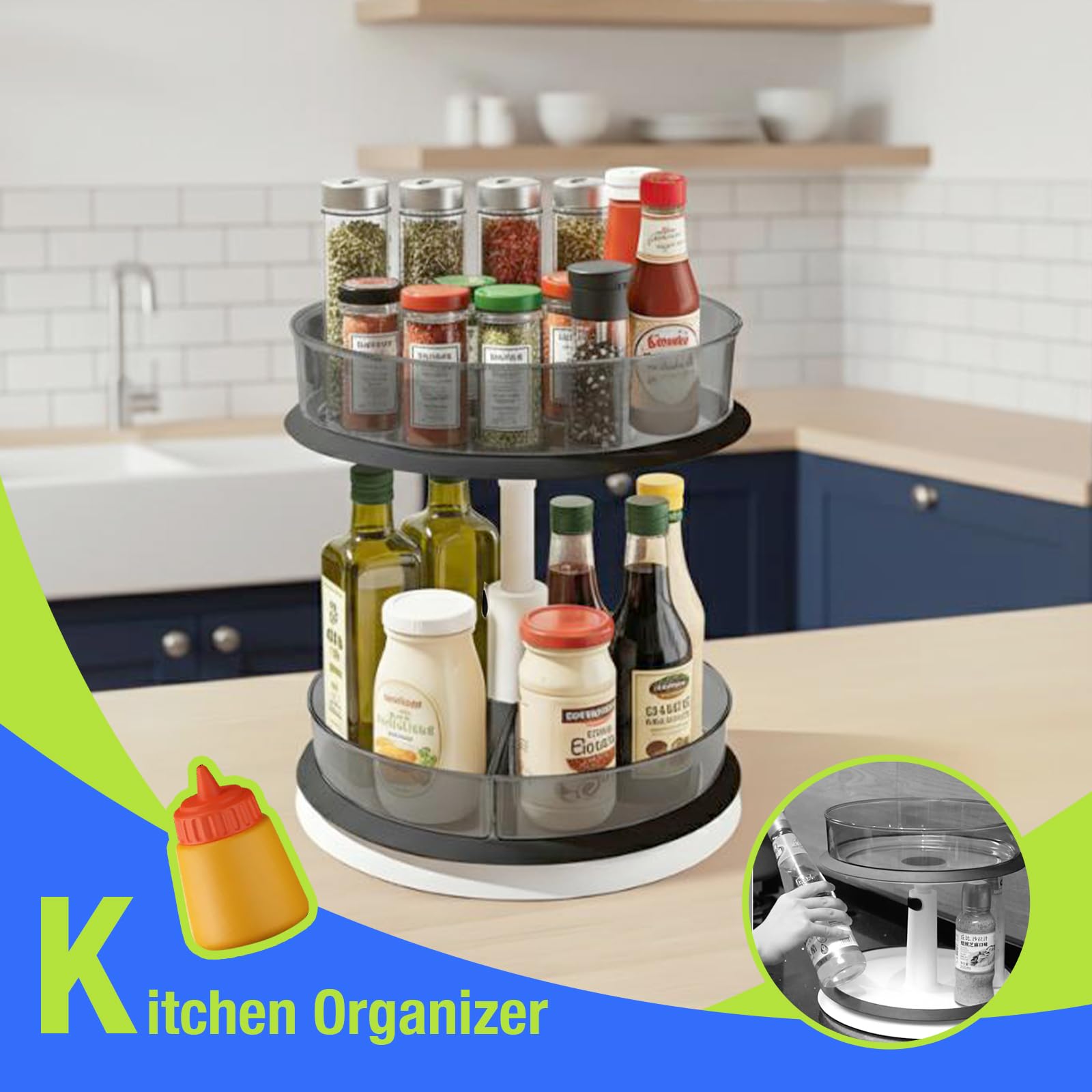 Grey finish two-tier lazy susan on countertop
