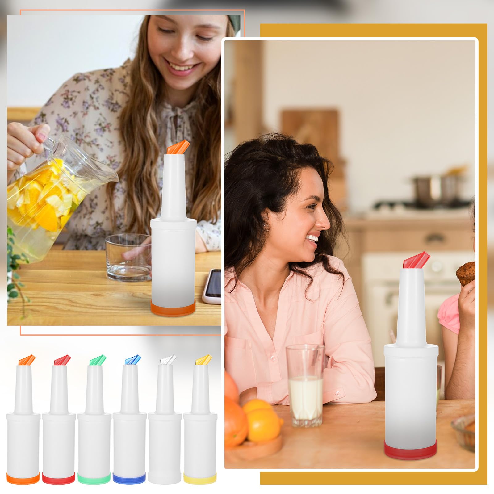 Color coded juice bottle containers for easy identification