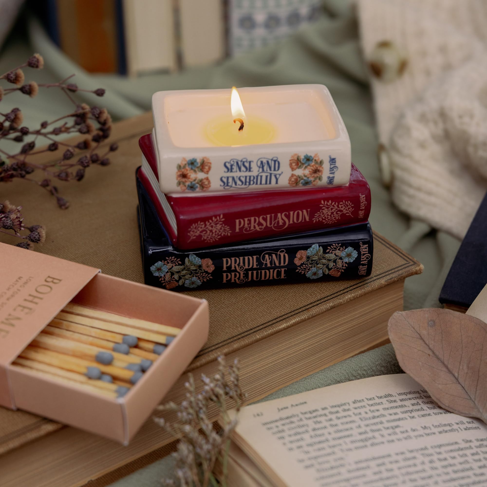 Jane Austen inspired candle stacked book design