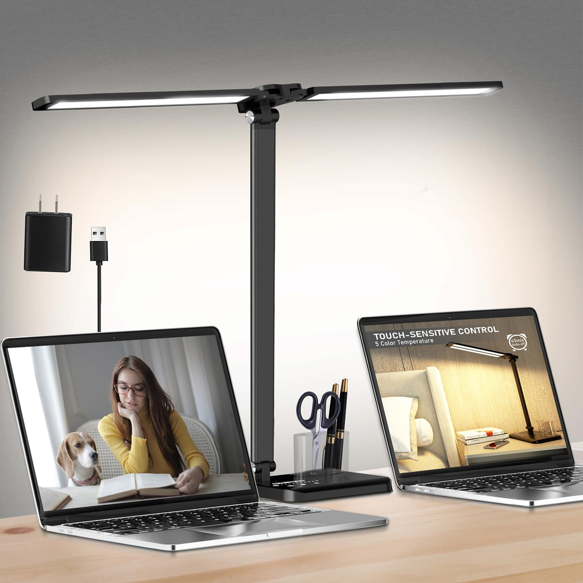 Dimmable LED Desk Lamp with USB Charging Port on work surface