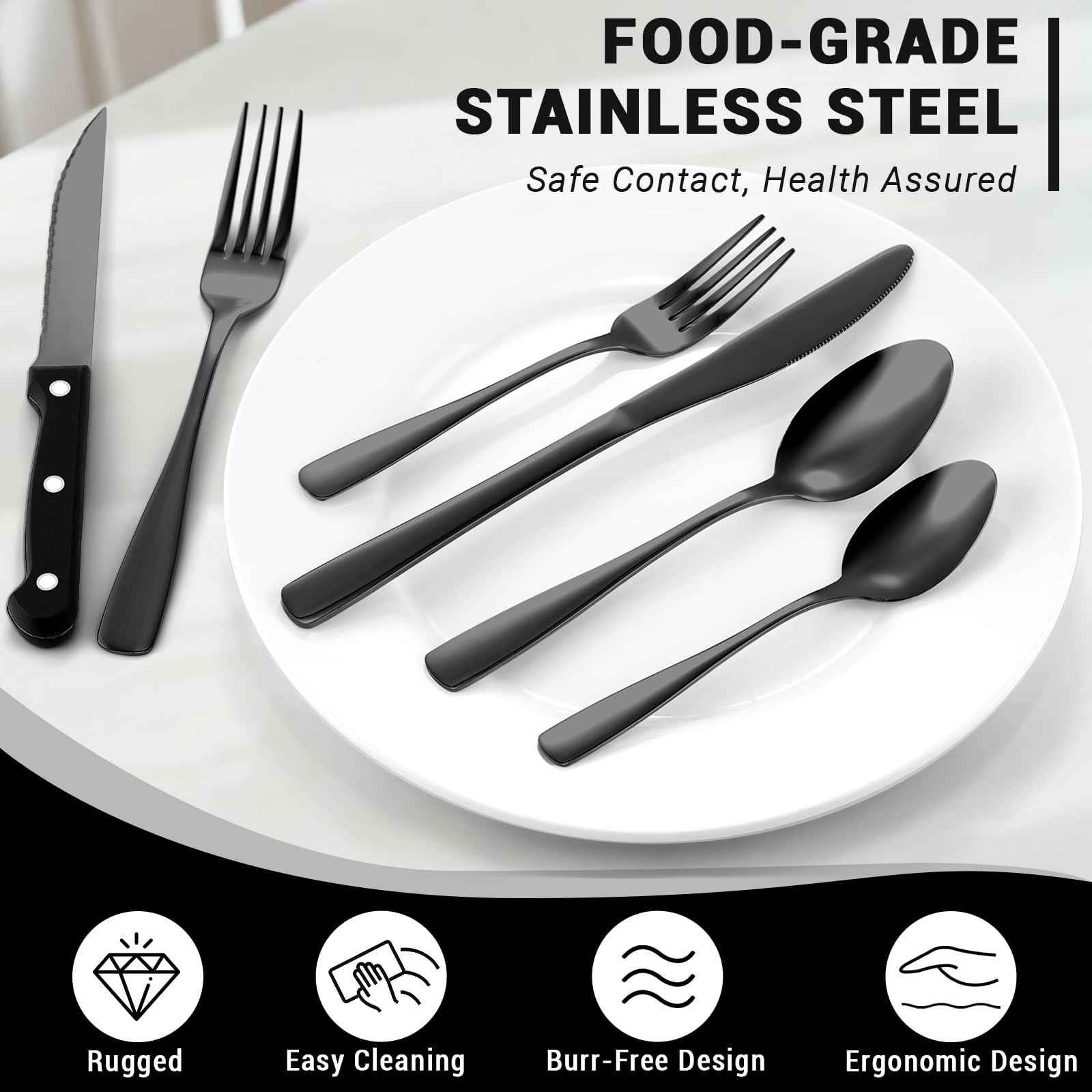 Elegant BEWOS black stainless steel flatware suitable for formal dining