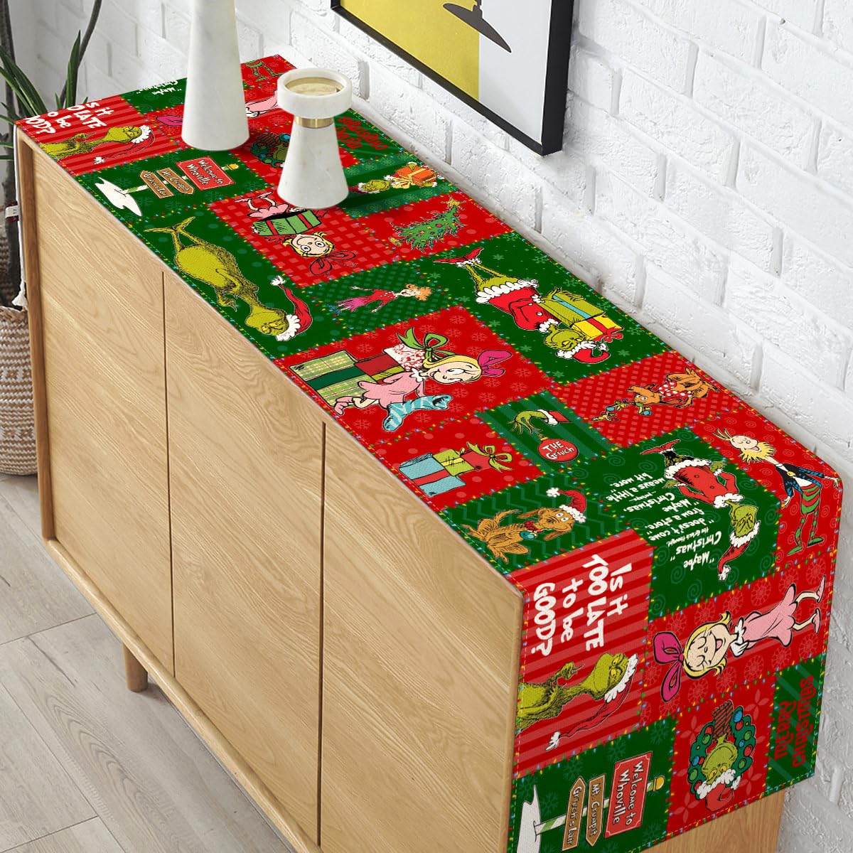 Holiday linen runner for dining room fireplace mantle