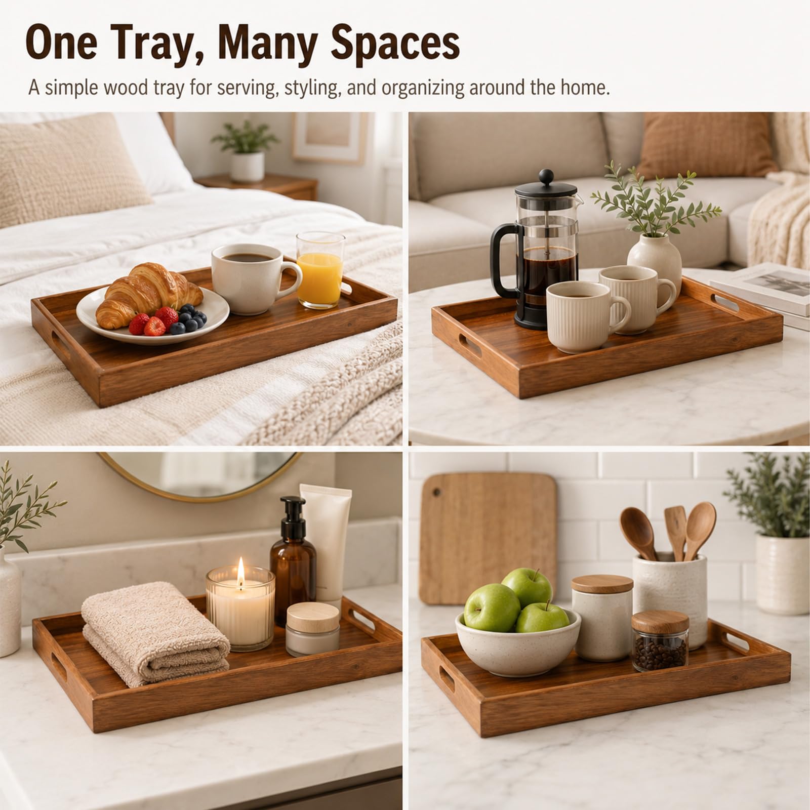 raised rim and handles on wooden serving tray